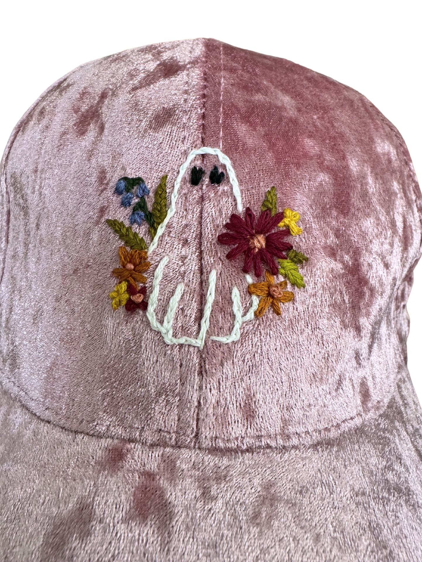 Pink Velvet Ghost Hat – Hand-Embroidered Floral Ghost Design, Ready to Ship, Made in Kansas City