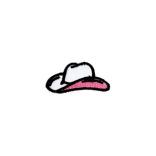 Pink cowboy hat iron-on patch with black and white details, handmade, durable adhesive, perfect for fabric projects.