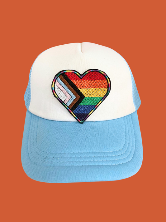 Custom embroidered heart patch in LGBTQIA+ colors, perfect for personalizing hats and apparel.
