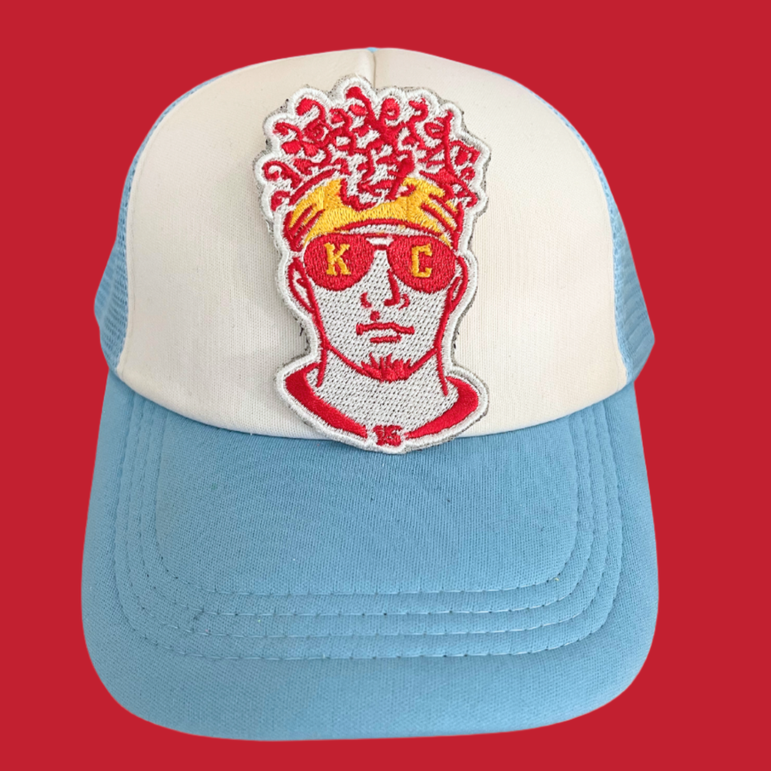 Custom embroidered Patrick Mahomes patch featuring the Kansas City Chiefs quarterback, designed for personalization on hats and apparel.