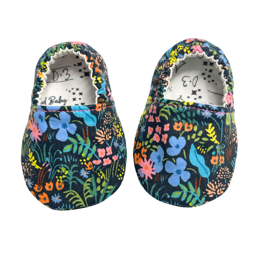 Neon Meadow Soft Sole Baby Shoes with vibrant floral design, handcrafted in Kansas City.