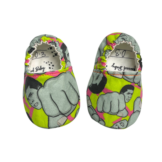 Neon Green & Pink Muhammad Ali Baby Shoes – Soft Sole, Handmade in Kansas City, vibrant and flexible for baby's feet.