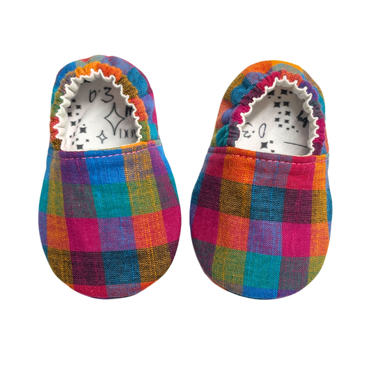 **Vibrant Tiny Madras Plaid Baby Shoes – Handmade, Ready to Ship**
