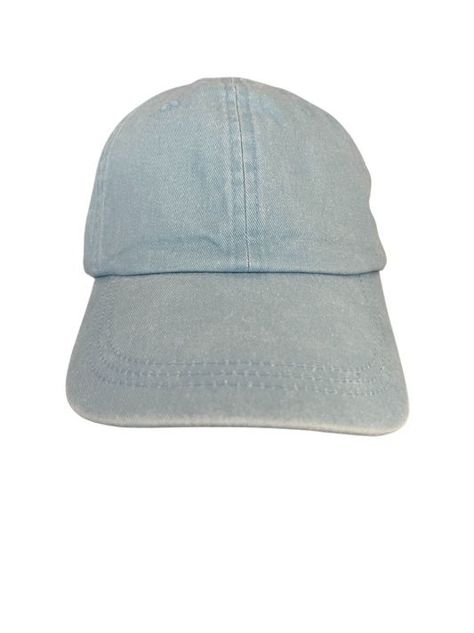 Adult size light blue canvas baseball hat with slide adjustment.