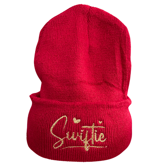 Youth Red Swiftie Beanie with gold embroidery for Taylor Swift fans and Chiefs supporters.