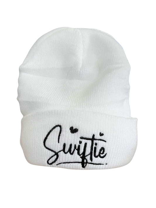 Youth white Swiftie beanie with black embroidery inspired by Taylor Swift's The Tortured Poets Department.