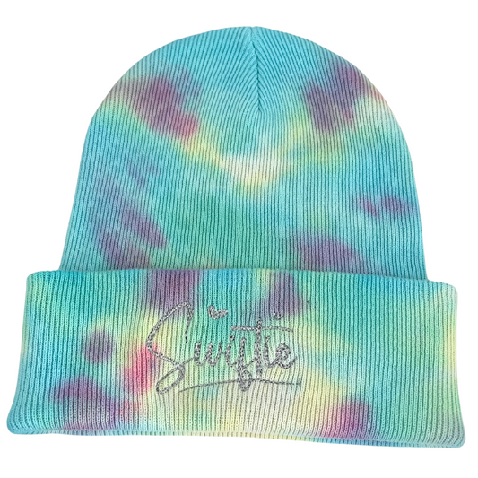 Adult tie-dye beanie with silver holographic "Swiftie" embroidery.