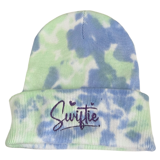 Adult blue and green tie-dye beanie with purple metallic Swiftie embroidery.
