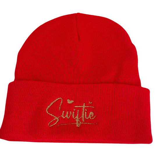 Red Swiftie beanie with gold metallic embroidery for fans of Taylor Swift and Kansas City Chiefs.