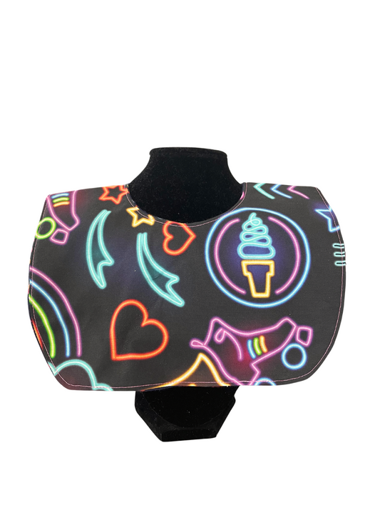 Neon Delight Reversible Baby Bib with vibrant neon pattern and polka-dotted cotton flannel, suitable for ages 6 to 24 months.