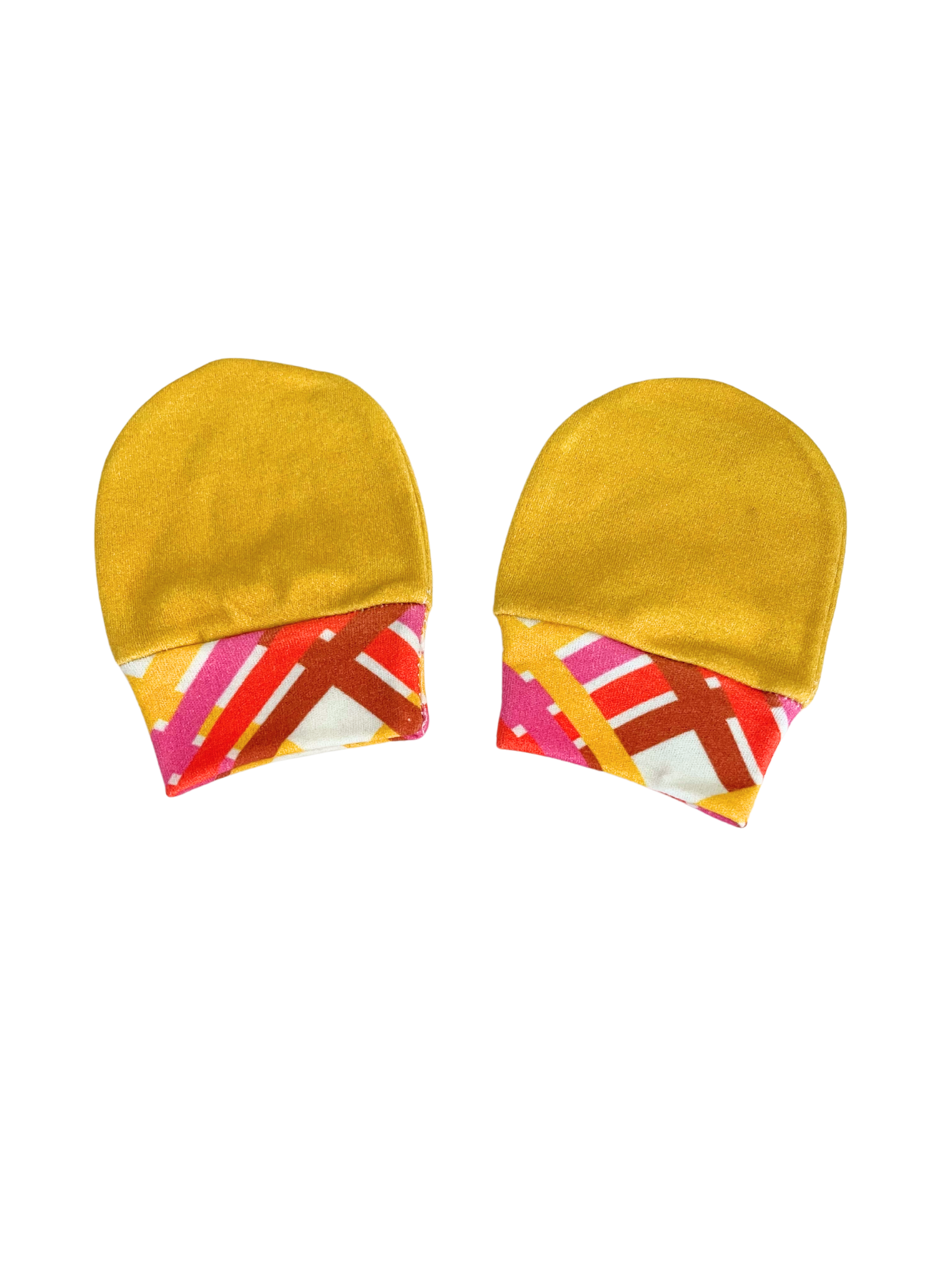 Luxurious baby scratch mittens in gold with vibrant geometric patterns, organic cotton knit, newborn to 6 months.