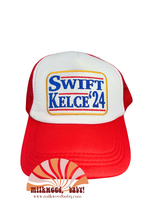Swift Kelce '24 Embroidered Trucker Hat with Handmade Patch, Red and White, Made in Kansas City
