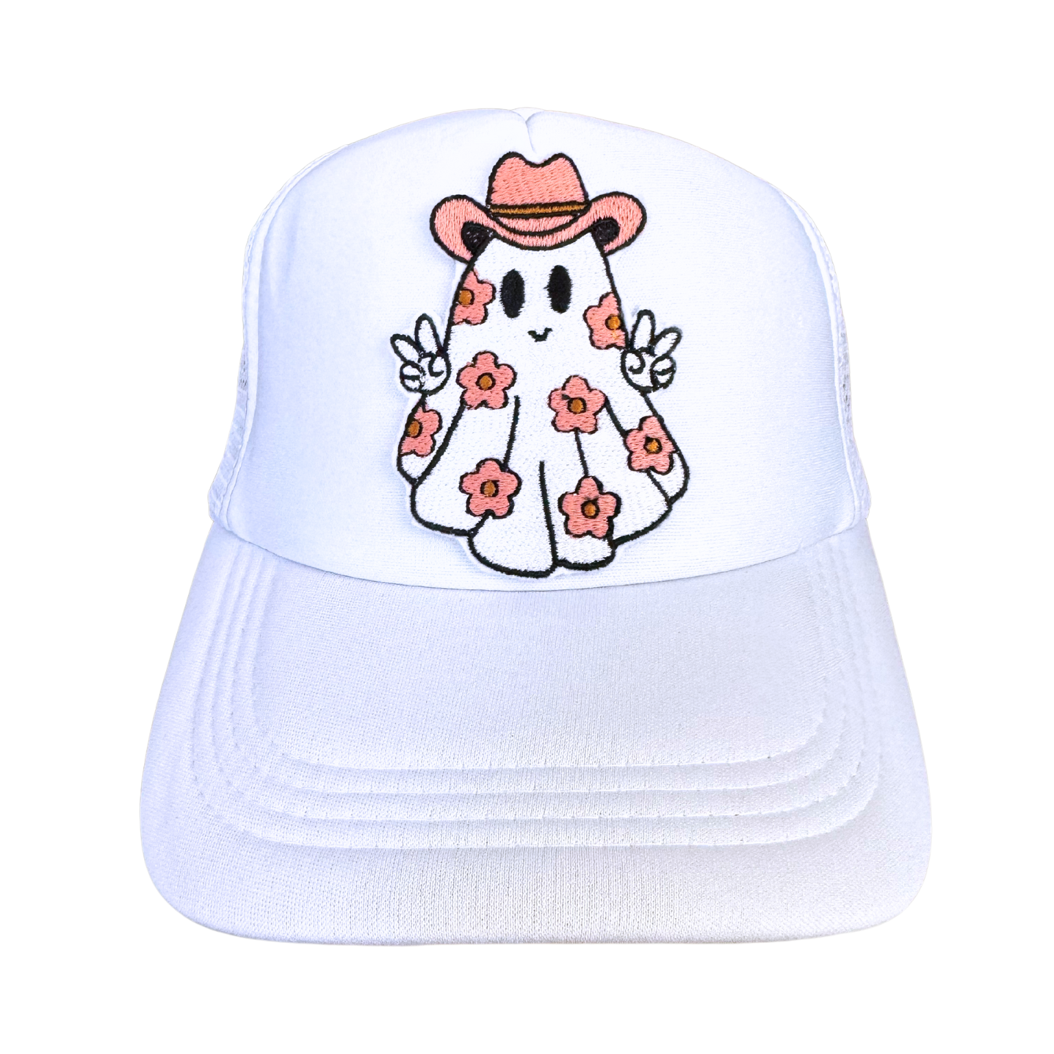 Floral Cowboy Ghost Trucker Hat with embroidered ghost patch on white hat.