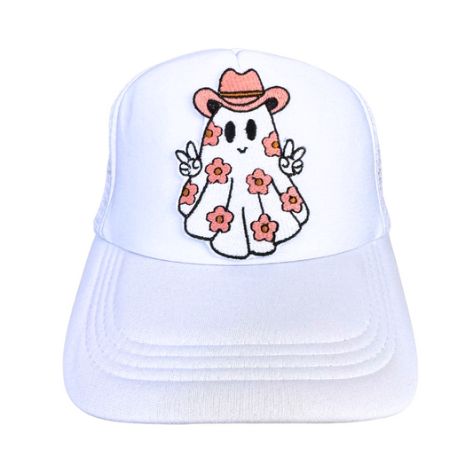 Floral Cowboy Ghost Trucker Hat with embroidered ghost patch on white hat.