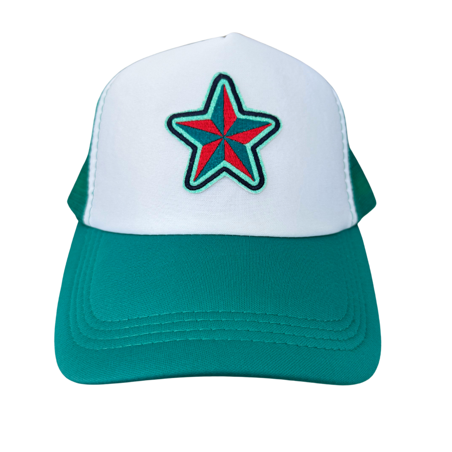 KC Current Star Trucker Hat with red and teal embroidered star patch on white and green background.