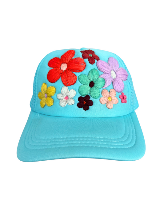 Turquoise floral hat with hand-embroidered colorful flowers, ready to ship.