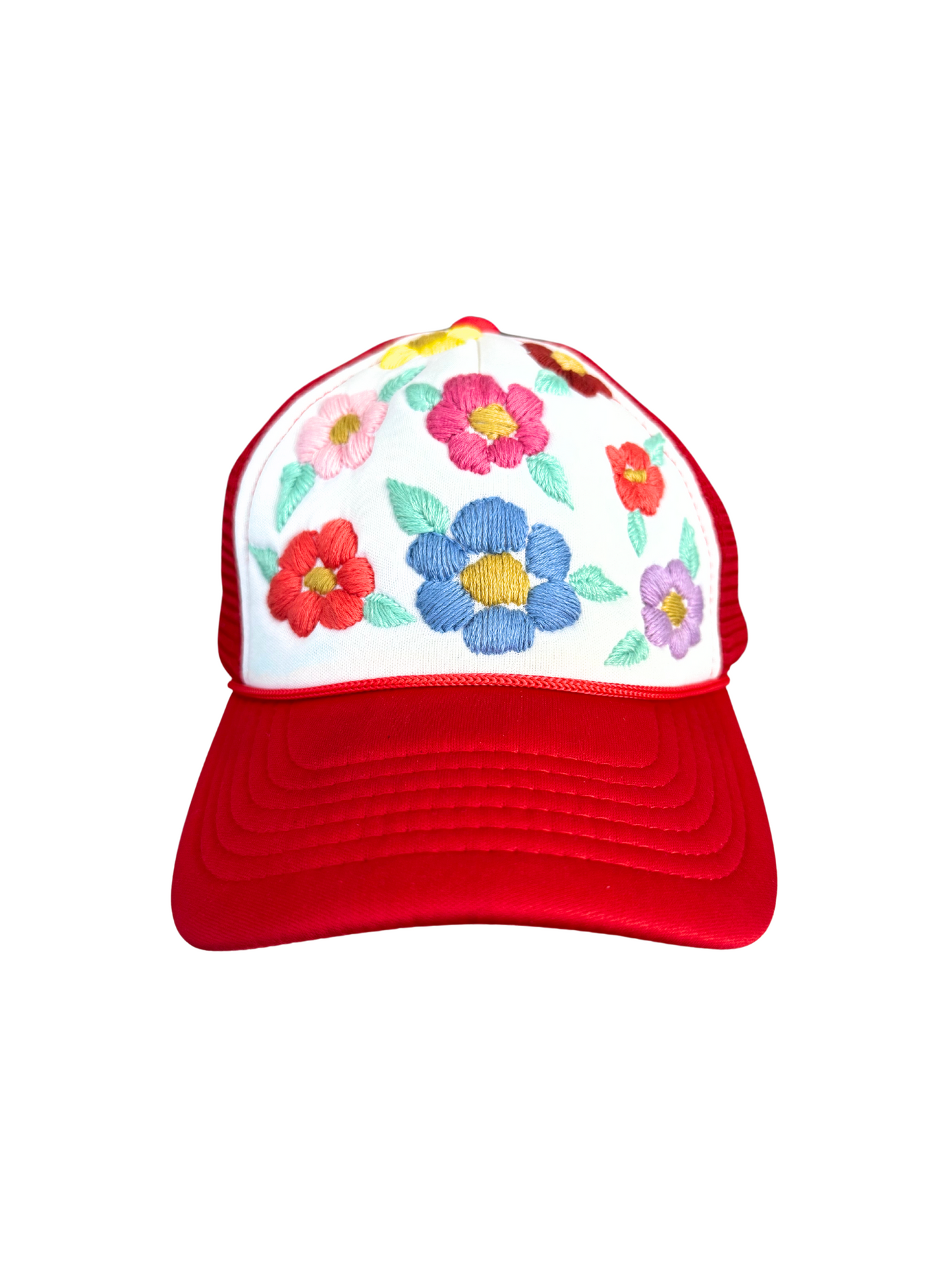 Red and white floral trucker hat with hand-embroidered colorful flowers.