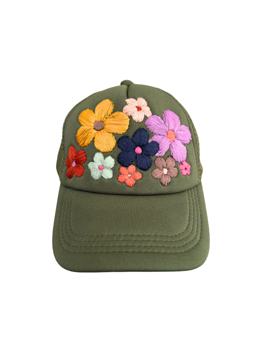 Olive green floral hat with hand-embroidered colorful flowers, made in Kansas City, ready to ship.