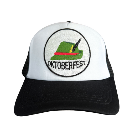 Black and white Oktoberfest trucker hat with embroidered patch of green Bavarian hat.