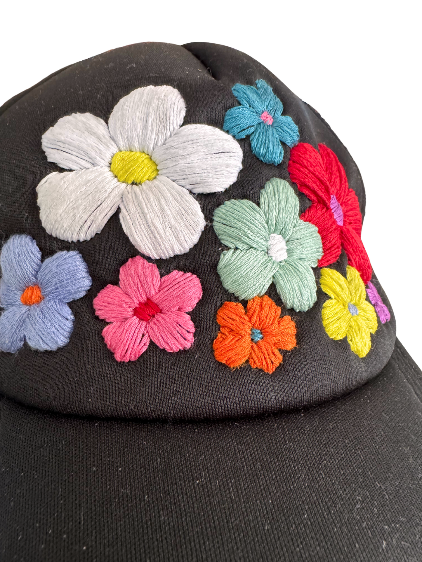 Black Floral Trucker Hat – Hand-Embroidered Colorful Flowers, Ready to Ship, Made in Kansas City