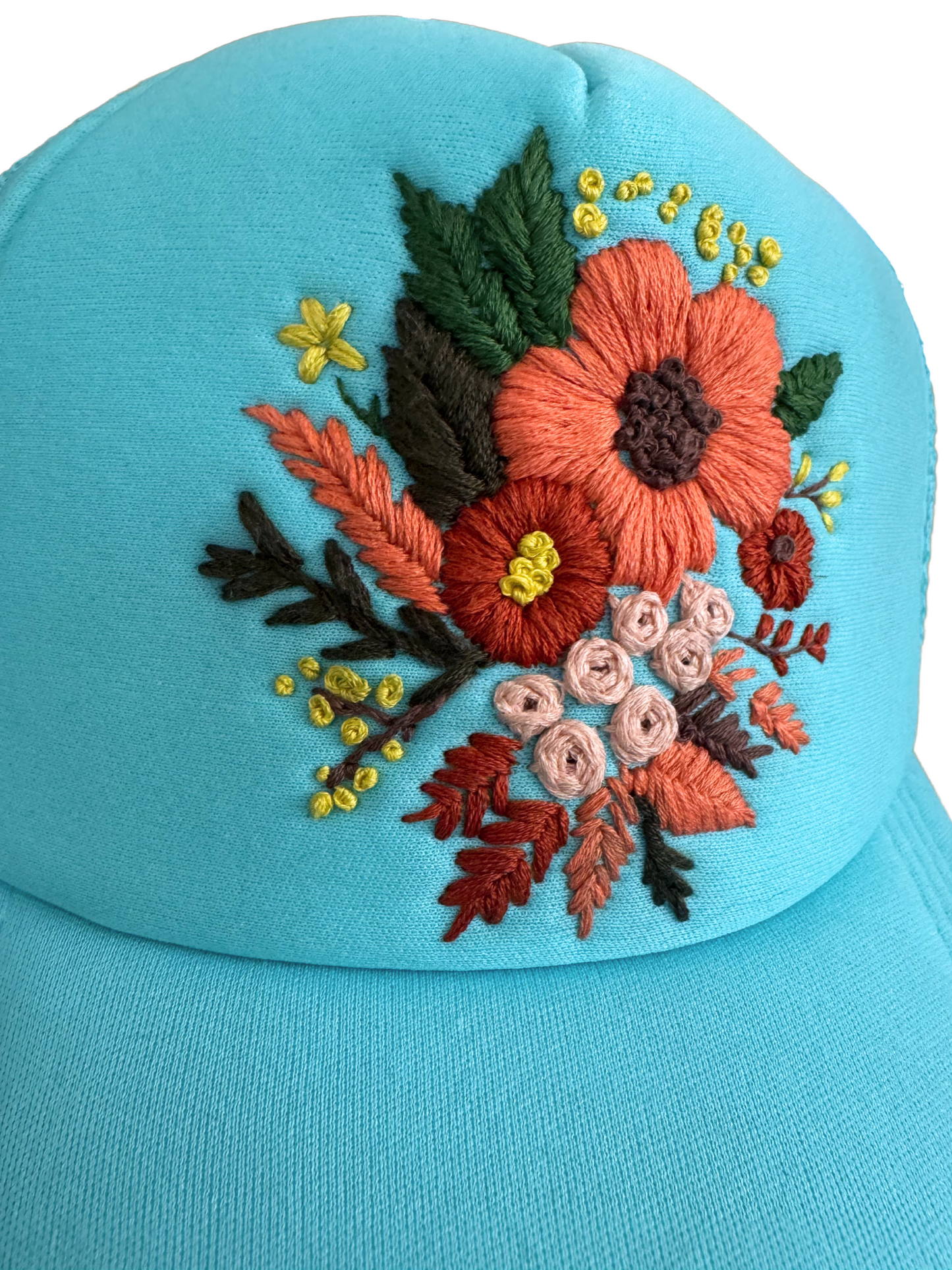 Turquoise Floral Bouquet Hat – Hand-Embroidered Flower Design, Ready to Ship, Made in Kansas City
