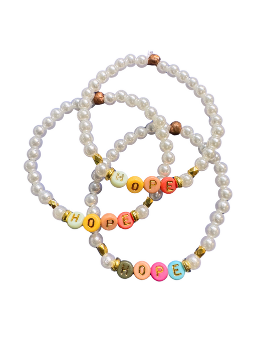Colorful "Hope" beaded bracelet with faux pearls and multicolor beads.