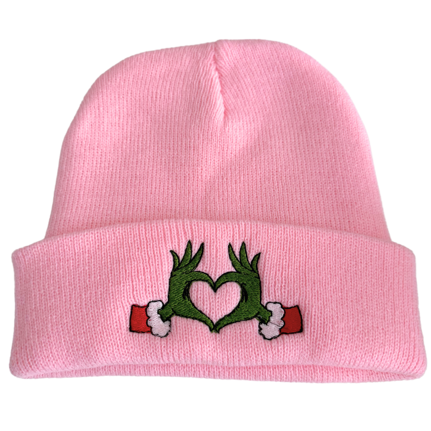 Pink beanie with Grinch heart hands embroidery design inspired by Travis Kelce and Taylor Swift.

