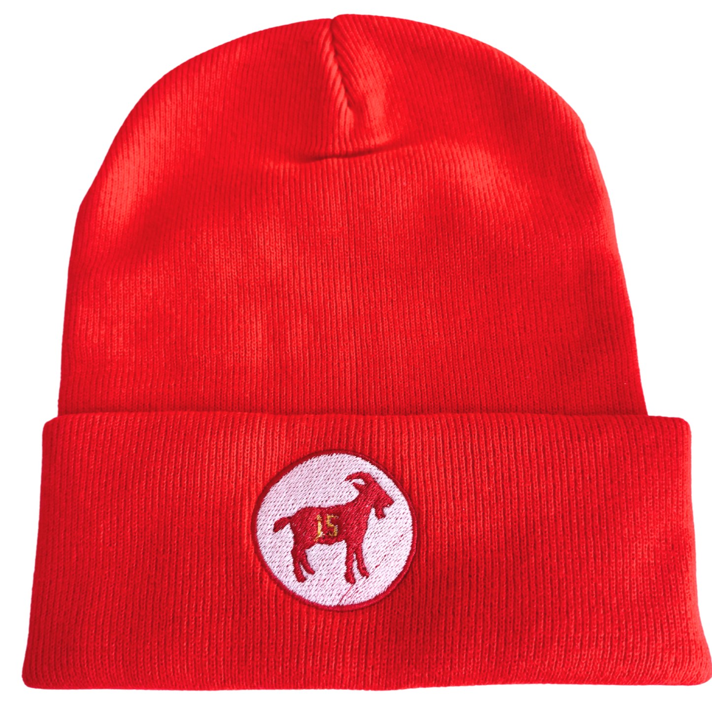 Red beanie with embroidered “15” goat patch, honoring Patrick Mahomes as the greatest of all time.

