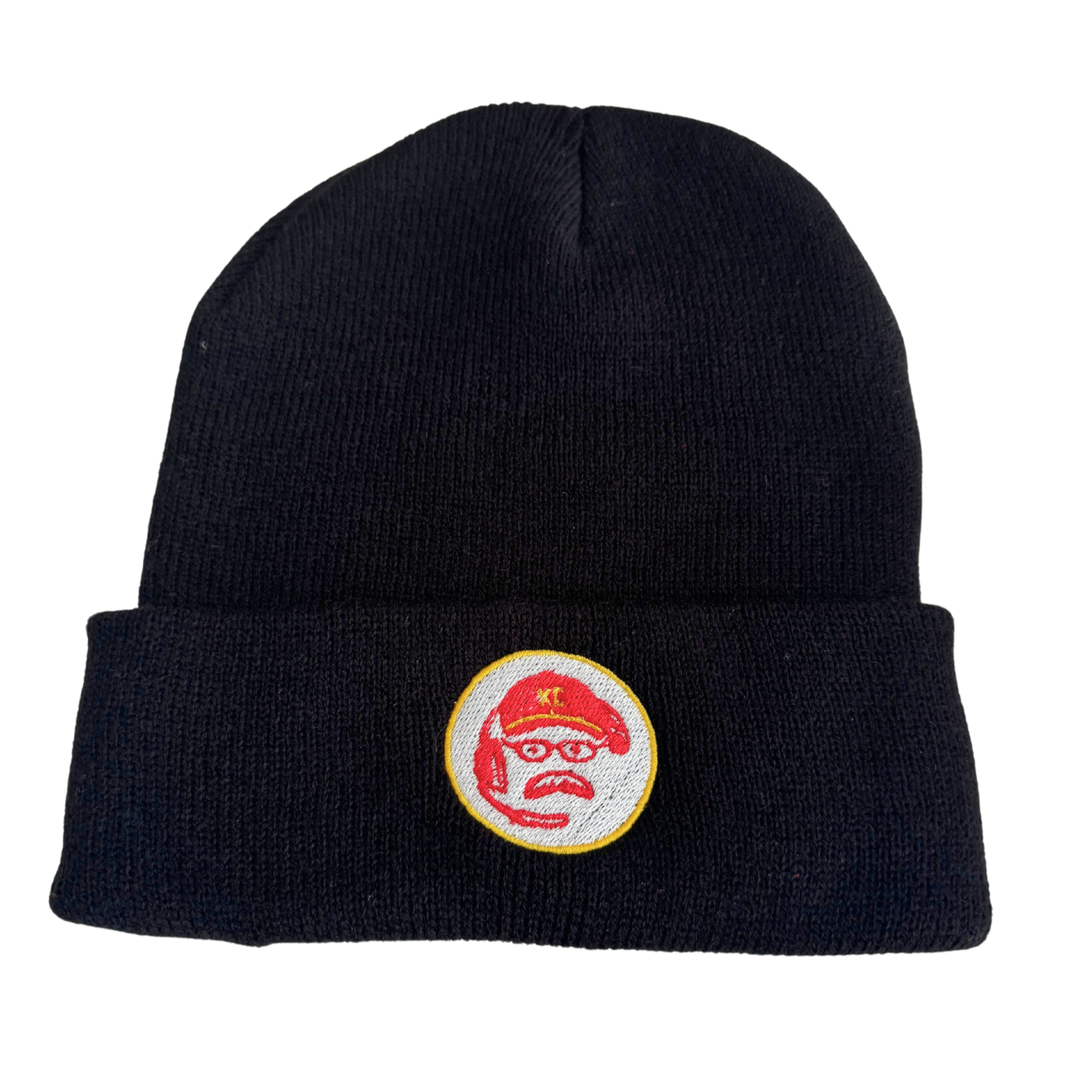 Black beanie with KC Coach embroidered patch, ideal for Chiefs fans.

