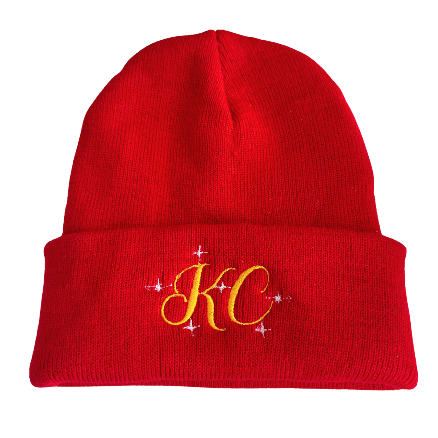 Red beanie with gold "KC" embroidery and twinkling star accents, adult size, classic Kansas City Chiefs hat.

