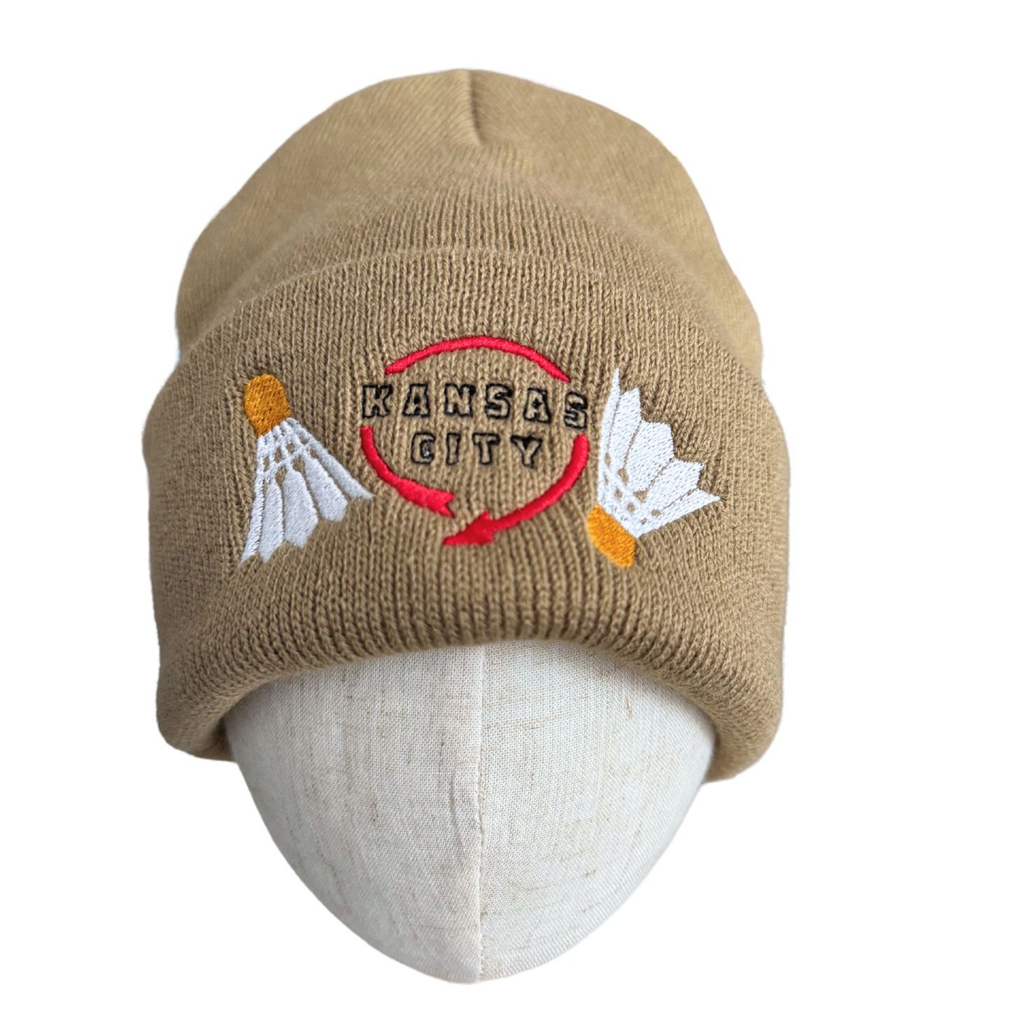 Kansas City Shuttlecock & Western Auto Beanie in khaki featuring embroidered shuttlecocks and Western Auto-inspired design.