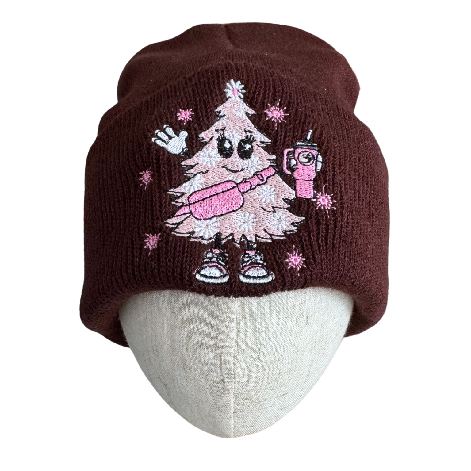 Trendy Christmas Tree Embroidered Beanie in pink and brown for adults.