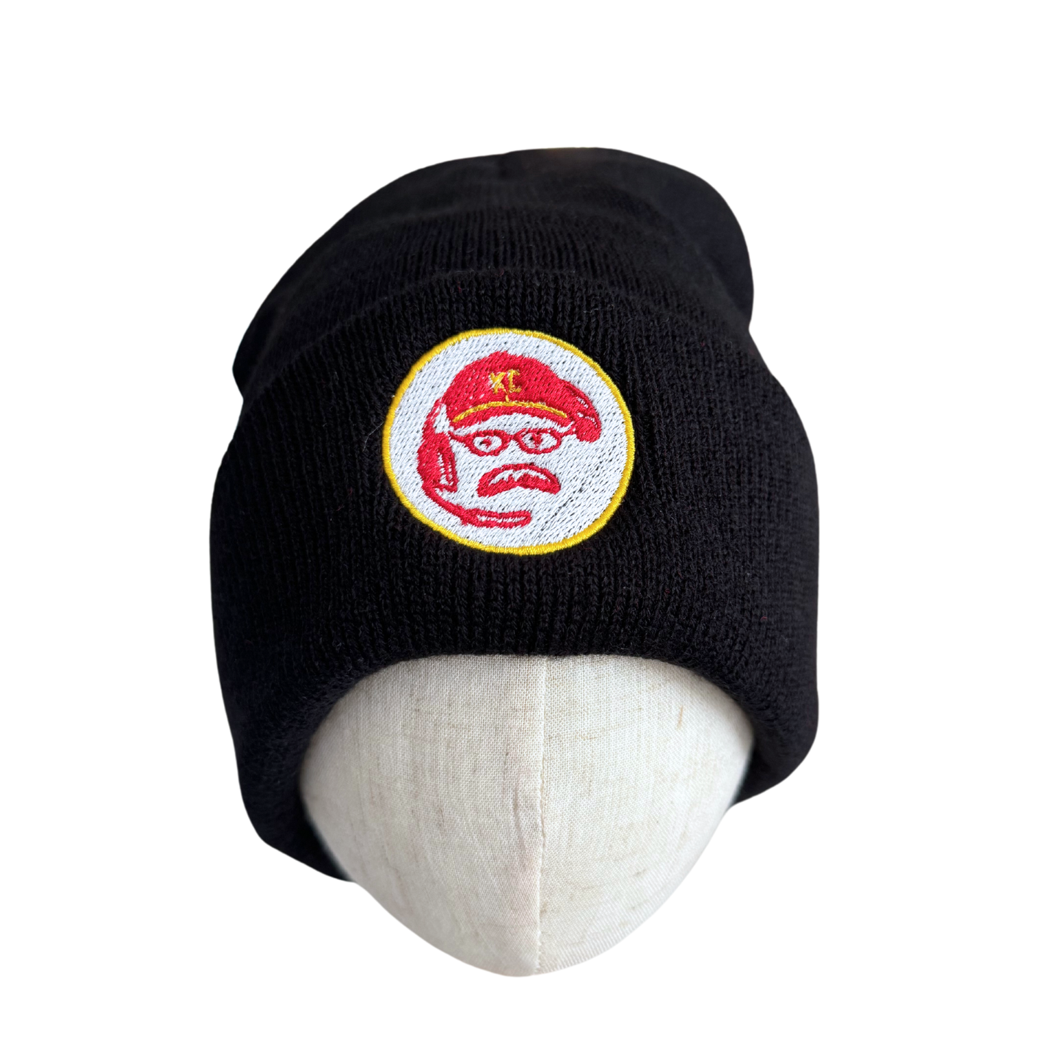 Black beanie with KC Coach embroidered patch for adults, perfect Chiefs fan gift.