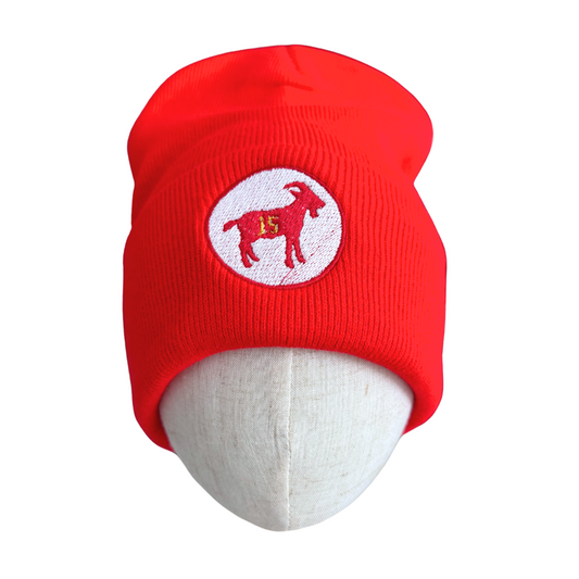 Red beanie with "15" goat patch, adult size, tribute to Patrick Mahomes.