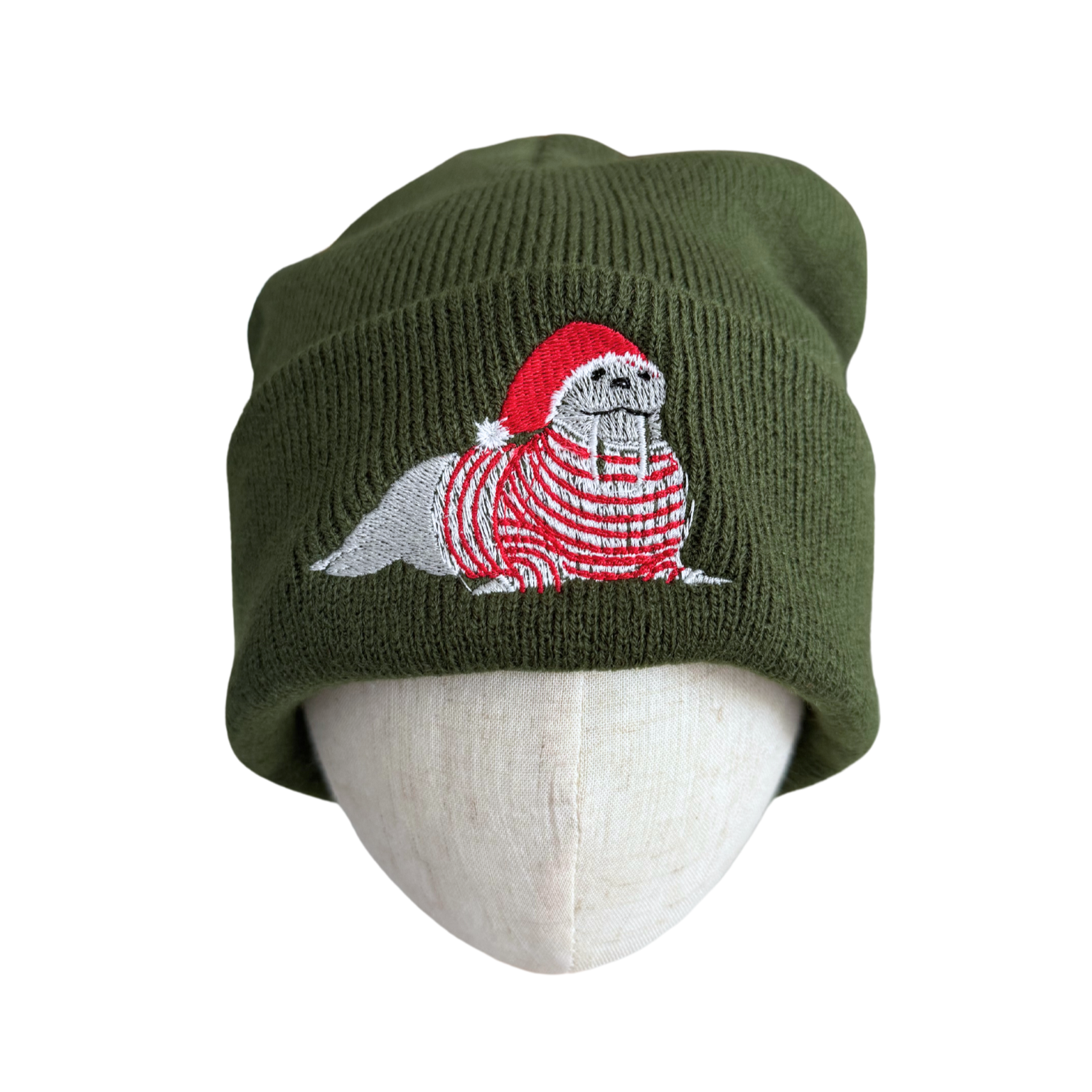 Olive green holiday beanie with Santa walrus embroidery for adults.
