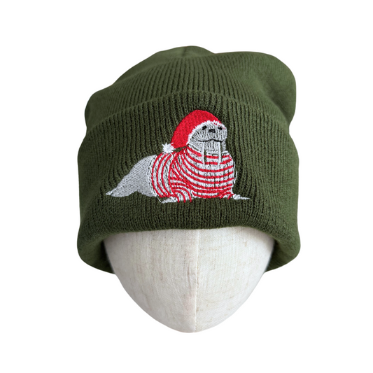 Olive green holiday beanie with Santa walrus embroidery for adults.