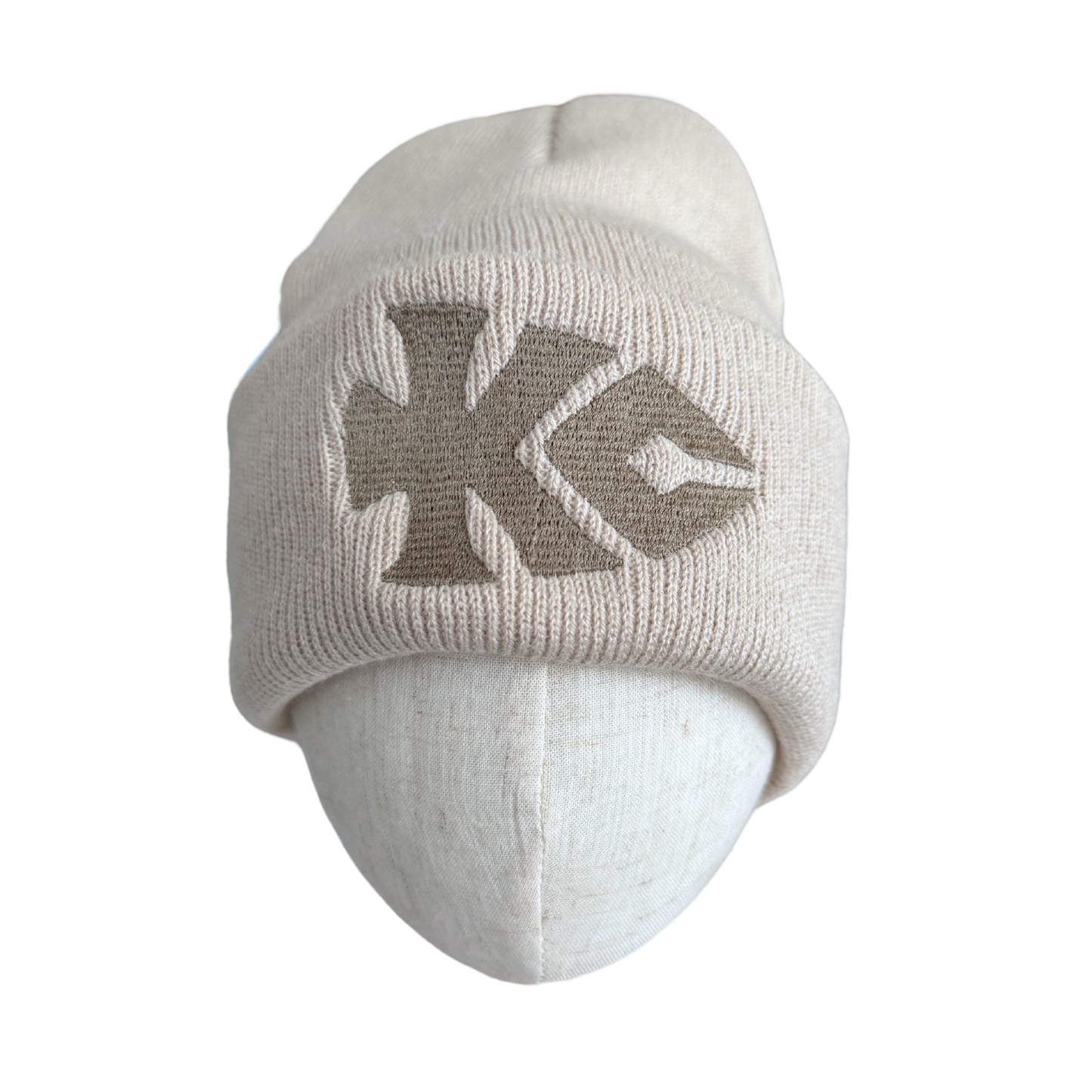 KC Chiefs Arrowhead khaki beanie with wheat color embroidery, game day essential.