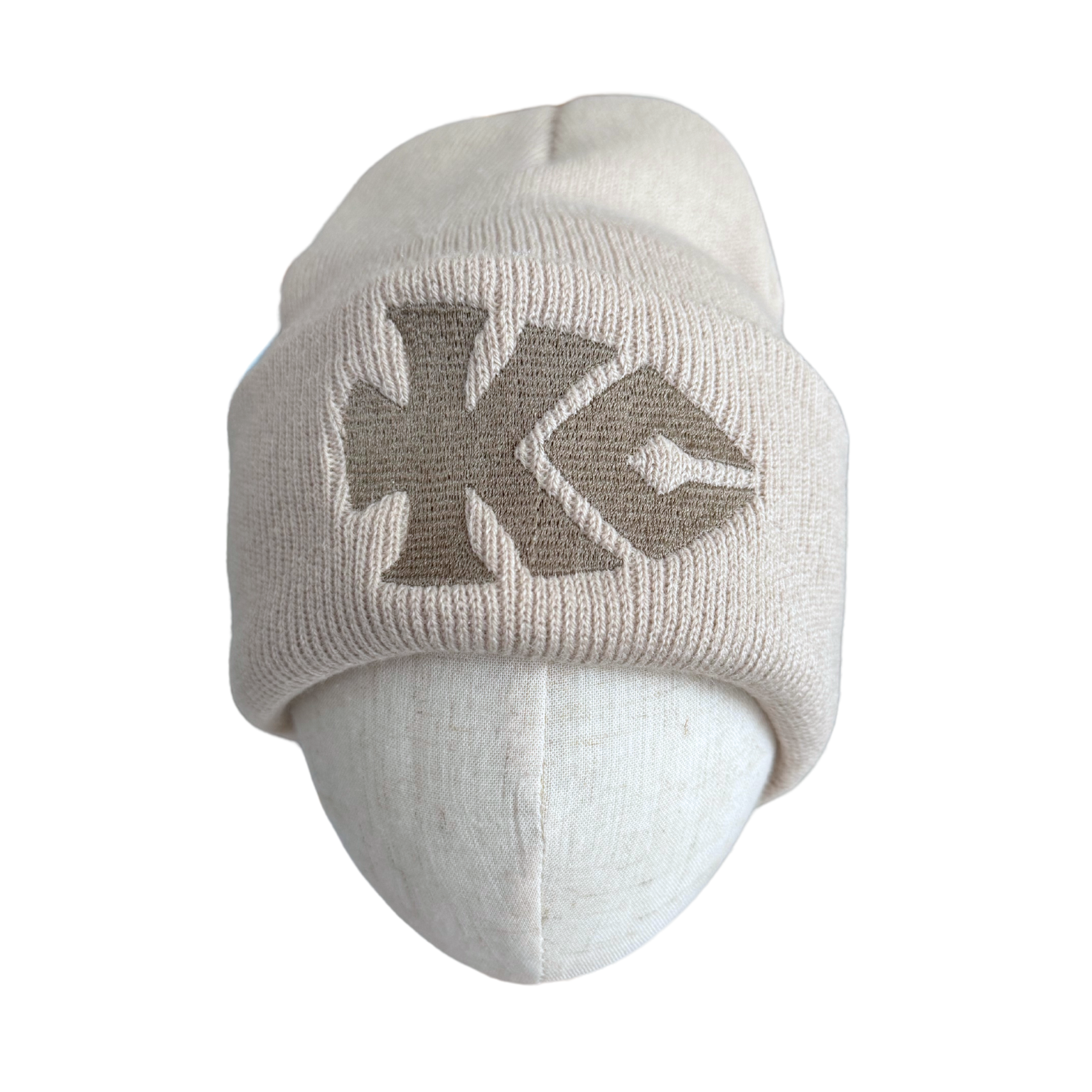 KC Chiefs Arrowhead khaki beanie with wheat color embroidery, game day essential.