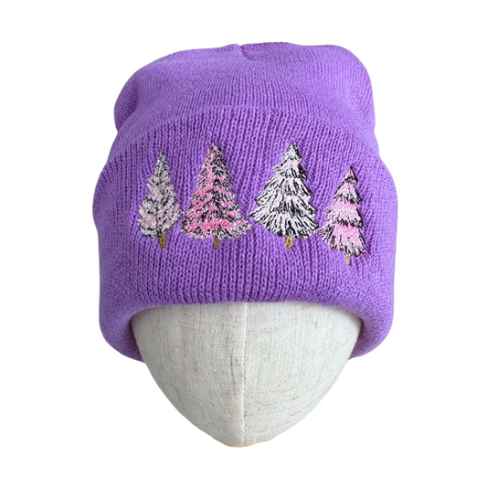 Lavender beanie with pastel Christmas tree embroidery for adults.