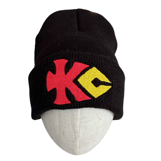 KC Chiefs-inspired black beanie with red and yellow arrowhead logo embroidery.