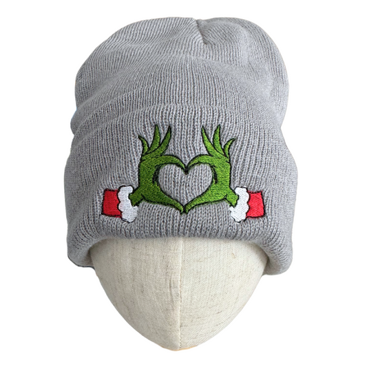 Adult gray beanie with Grinch heart hands embroidery, inspired by Travis Kelce and Taylor Swift.