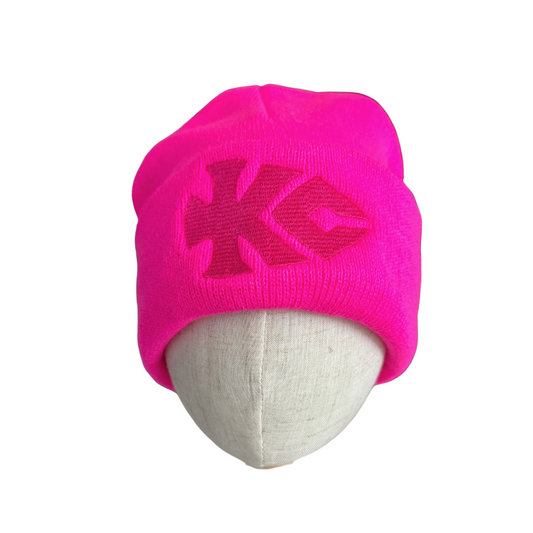 Bright pink Kansas City Chiefs Arrowhead KC monogram beanie with bold embroidery.