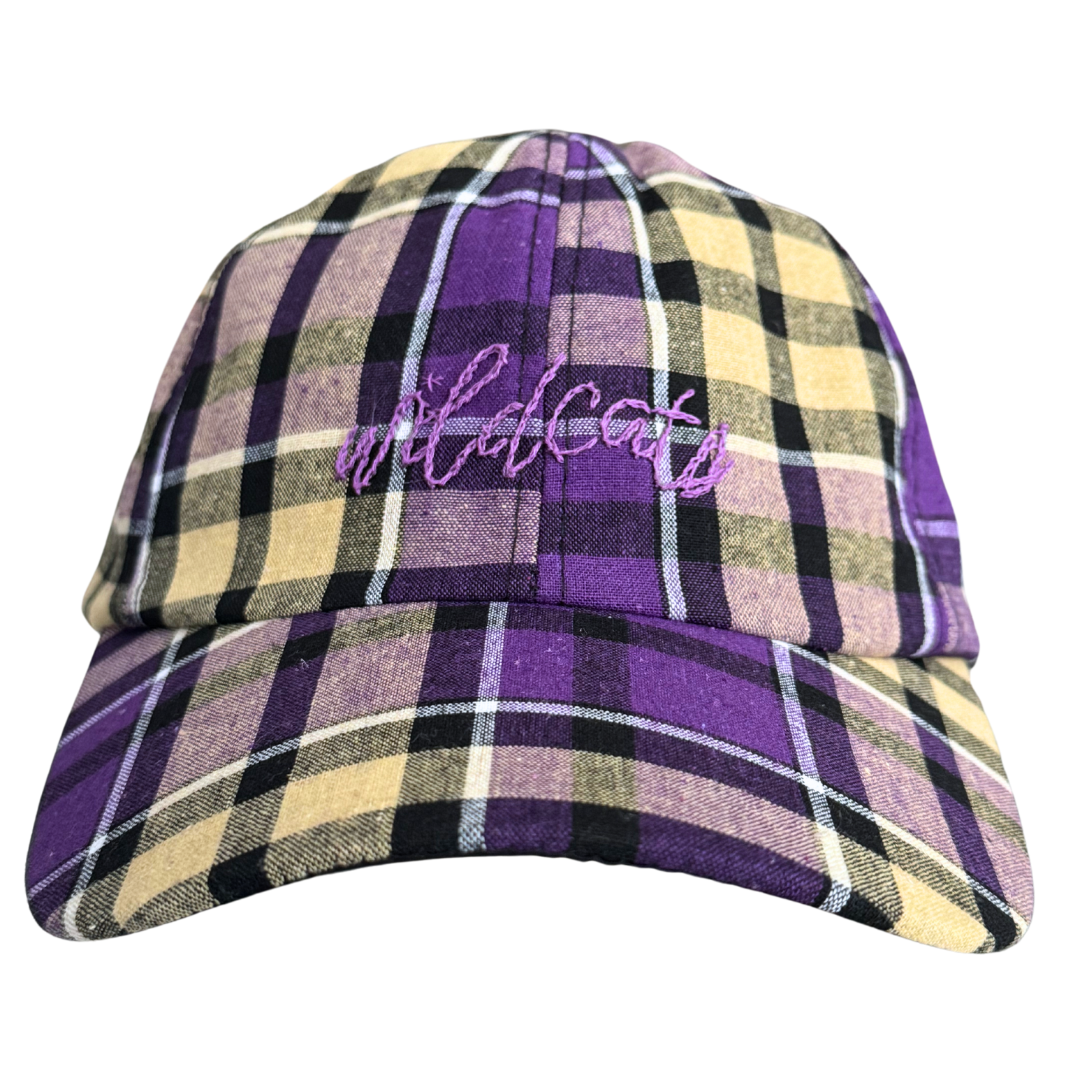 Kansas State Wildcats purple and yellow plaid hat with hand-embroidered "Wildcats" script.