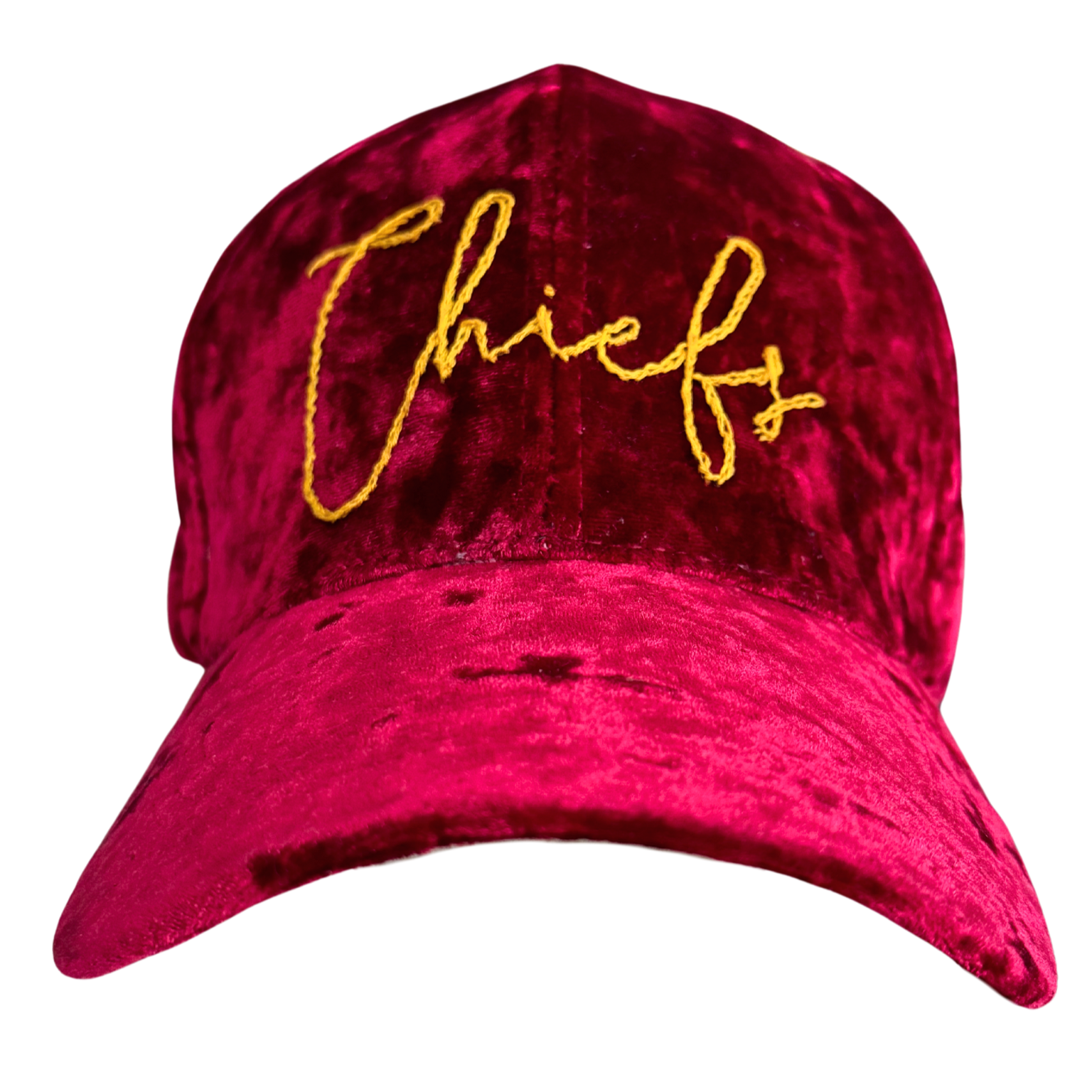 Kansas City Chiefs velvet hat in red with hand-embroidered "Chiefs" in yellow.