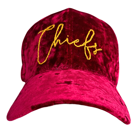 Kansas City Chiefs velvet hat in red with hand-embroidered "Chiefs" in yellow.