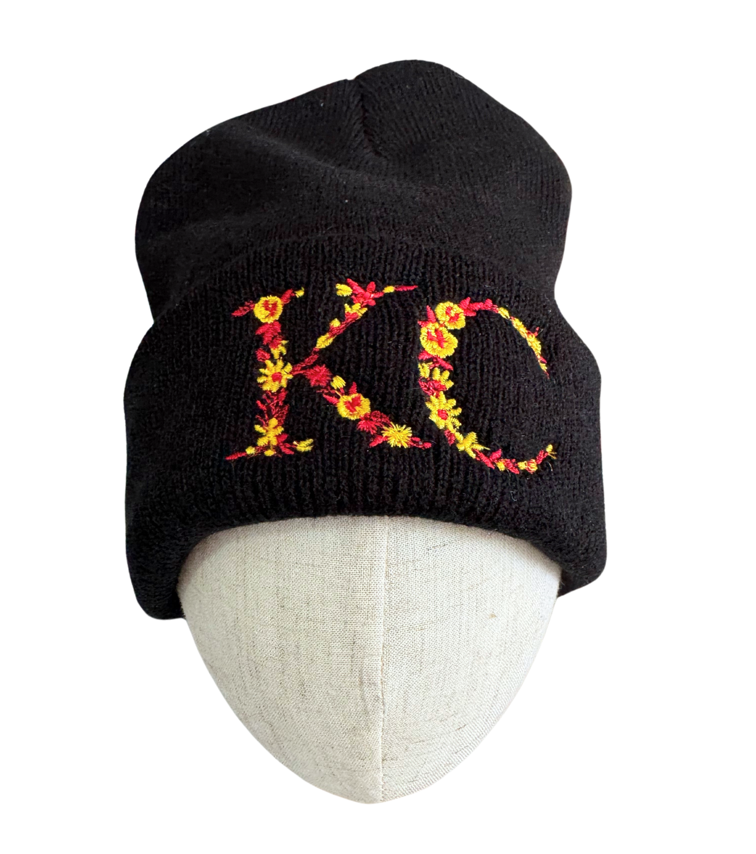 Floral KC embroidered beanie, black hat with red and yellow flowers, Kansas City Chiefs-inspired, adult size.