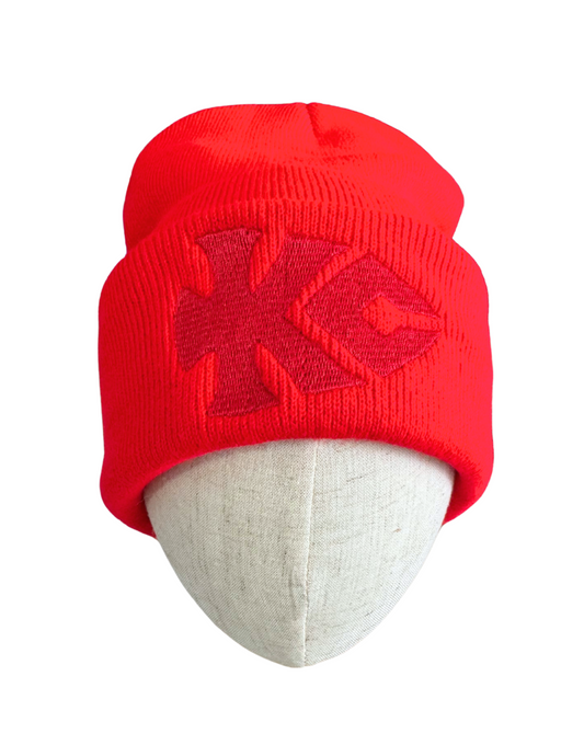 Classic red KC Arrowhead beanie, Kansas City Chiefs-inspired, adult size.