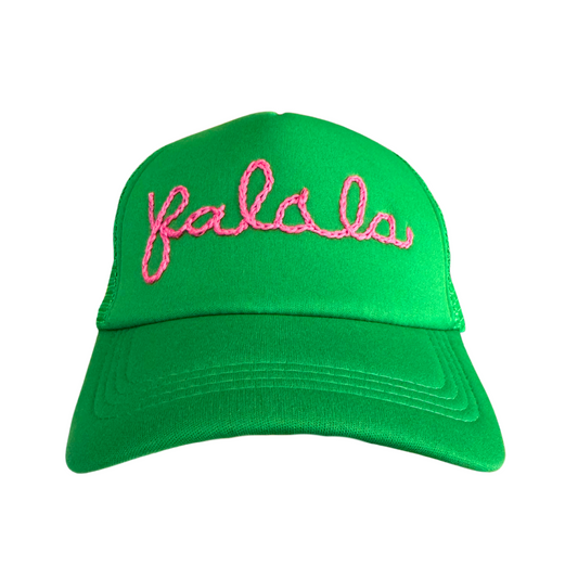 Green holiday hat with festive pink "Fa La La" hand-embroidery, handmade and ready to ship.