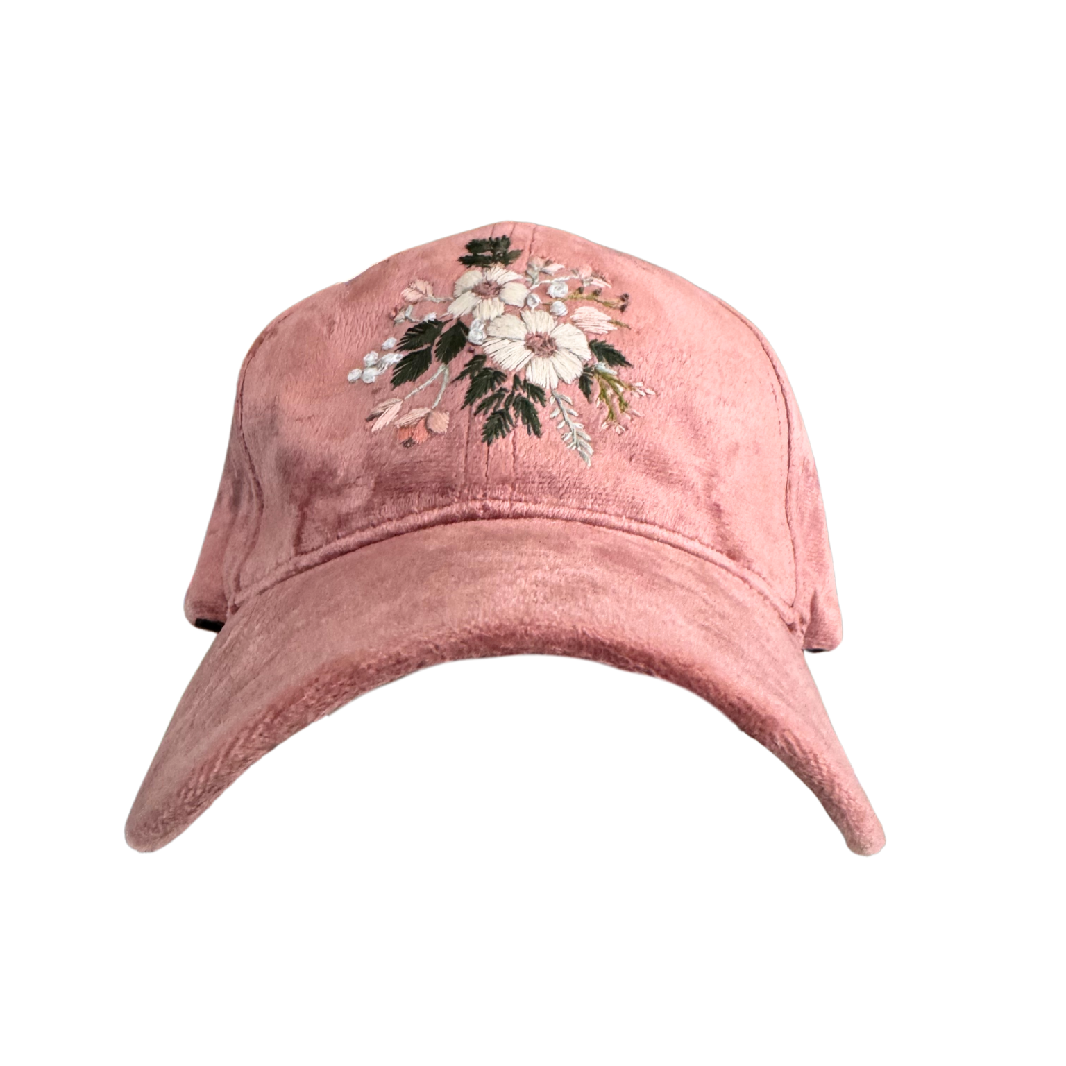 Blush pink velvet floral hat with hand-embroidered white and blush flowers and green accents.