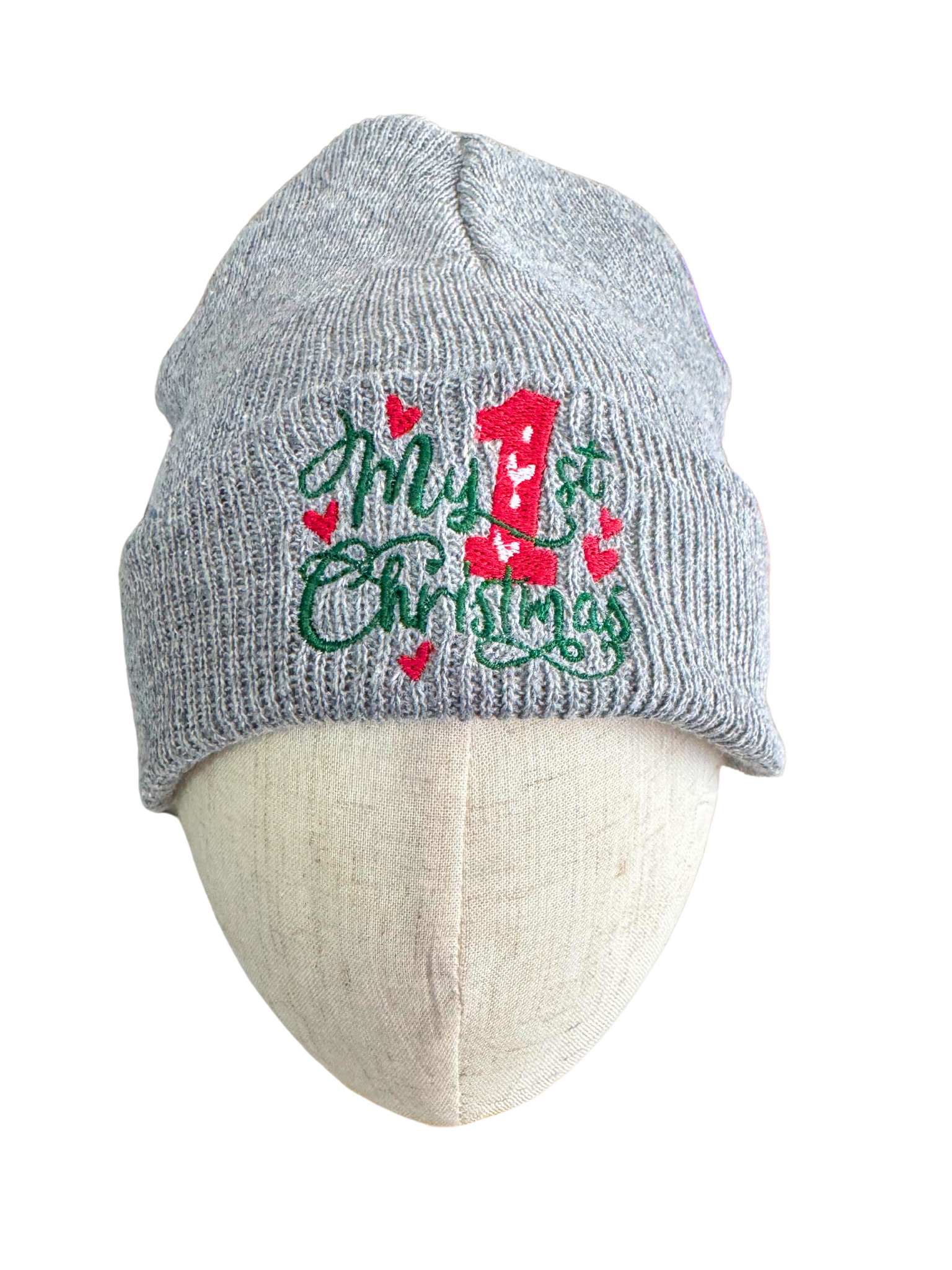 Baby's First Christmas gray beanie with embroidered festive design and bold red "1".